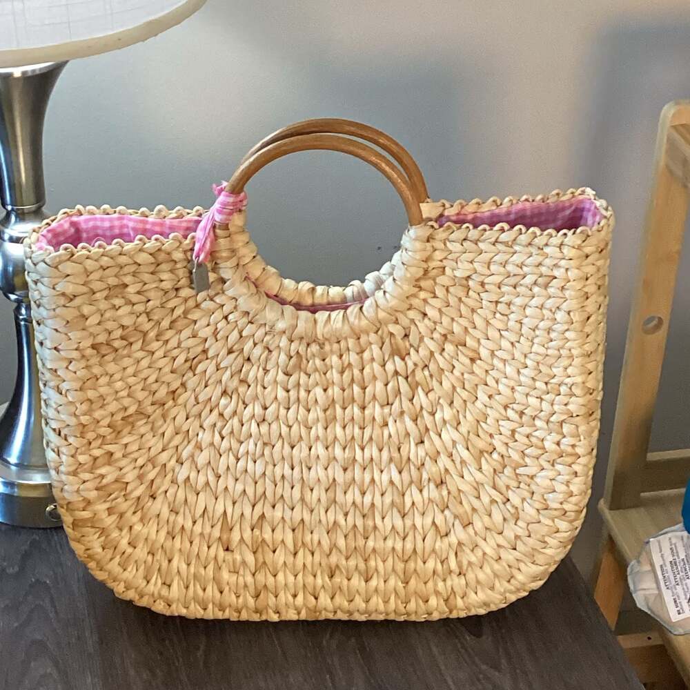INCA by Stephanie Hirsch Woven Straw Tote Bag with Pink Gingham Lining